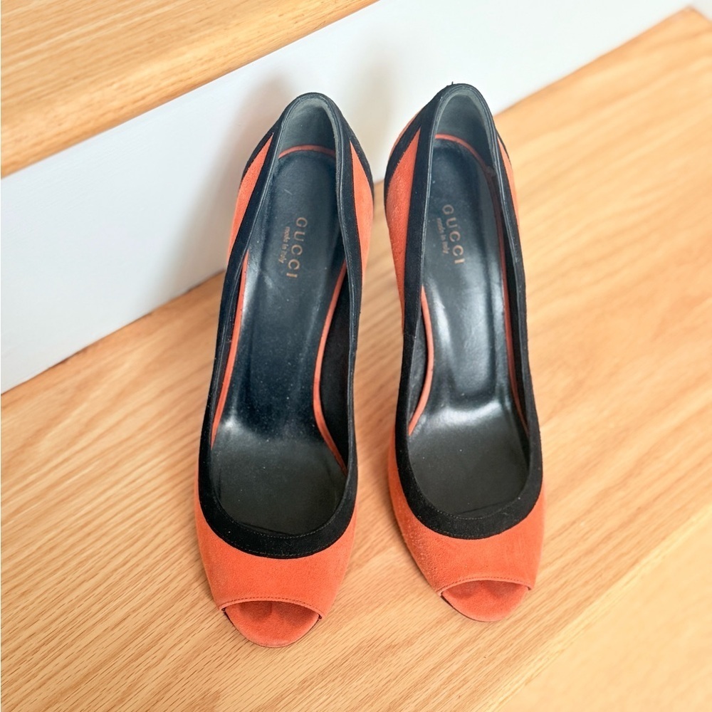 Gucci Orange & Black Suede Peep Toe Heels – Size 39.5 (Made in Italy) - Picture 6 of 11